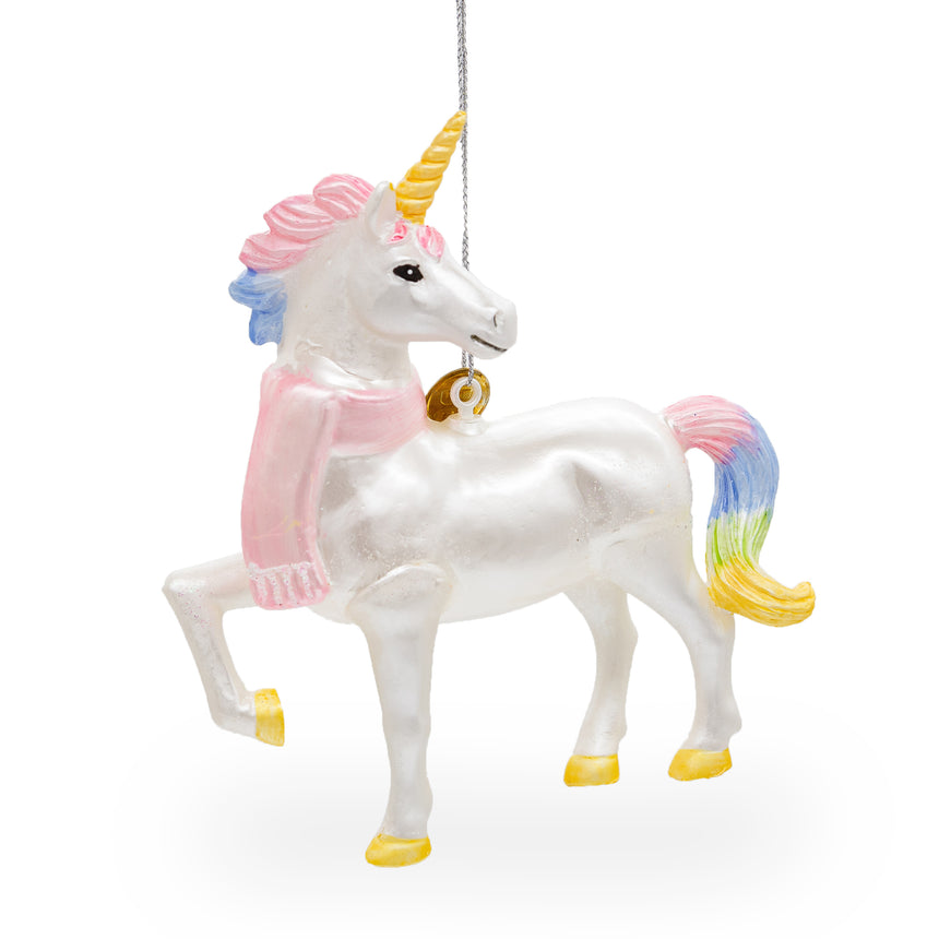 Glass Enchanting Rainbow Unicorn Blown Glass Christmas Ornament in White color