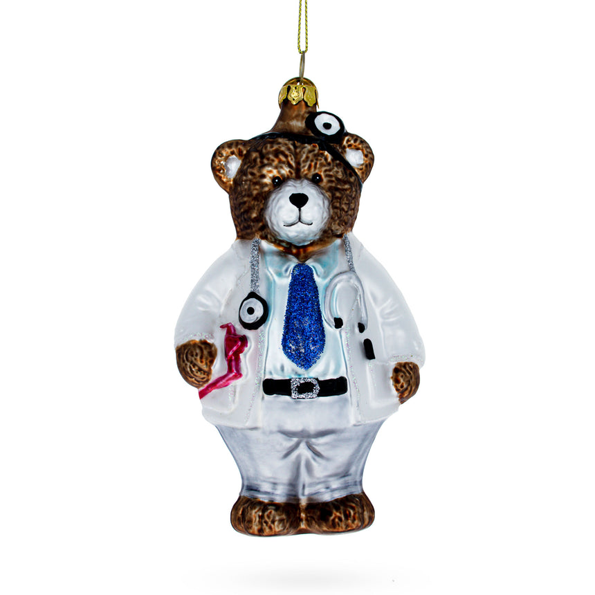 Glass Caring Doctor Bear Blown Glass Christmas Ornament in Multi color