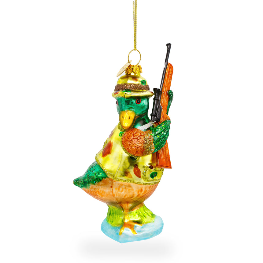 Glass Adventurous Duck the Hunter Blown Glass Christmas Ornament in Multi color