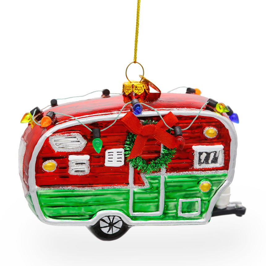 Glass Festive Camper Trailer with Lights Glass Christmas Ornament in Multi color