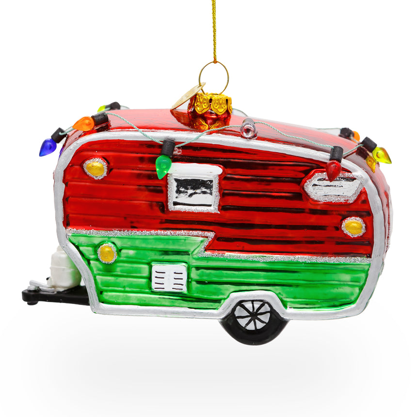 Festive Camper Trailer with Lights Glass Christmas Ornament ,dimensions in inches: 4.7 x 3.6 x 2.4