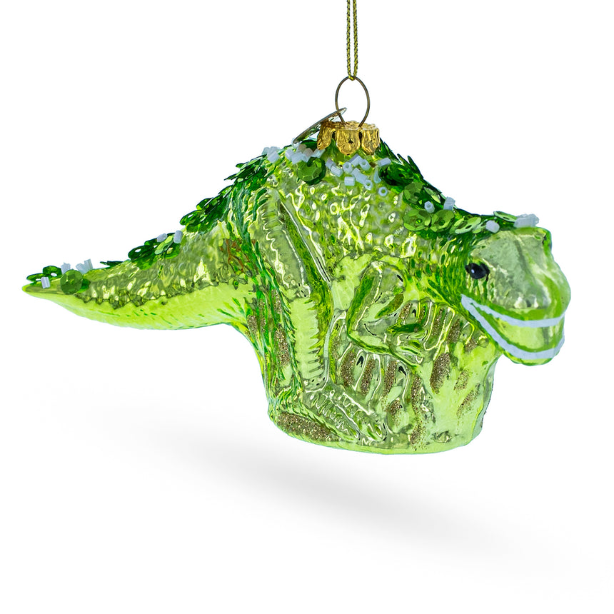 Glass Playful Green Dinosaur with Beads Glass Christmas Ornament in Green color