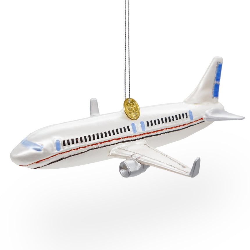 Glass Passenger Jet Airplane Blown Glass Christmas Ornament in White color