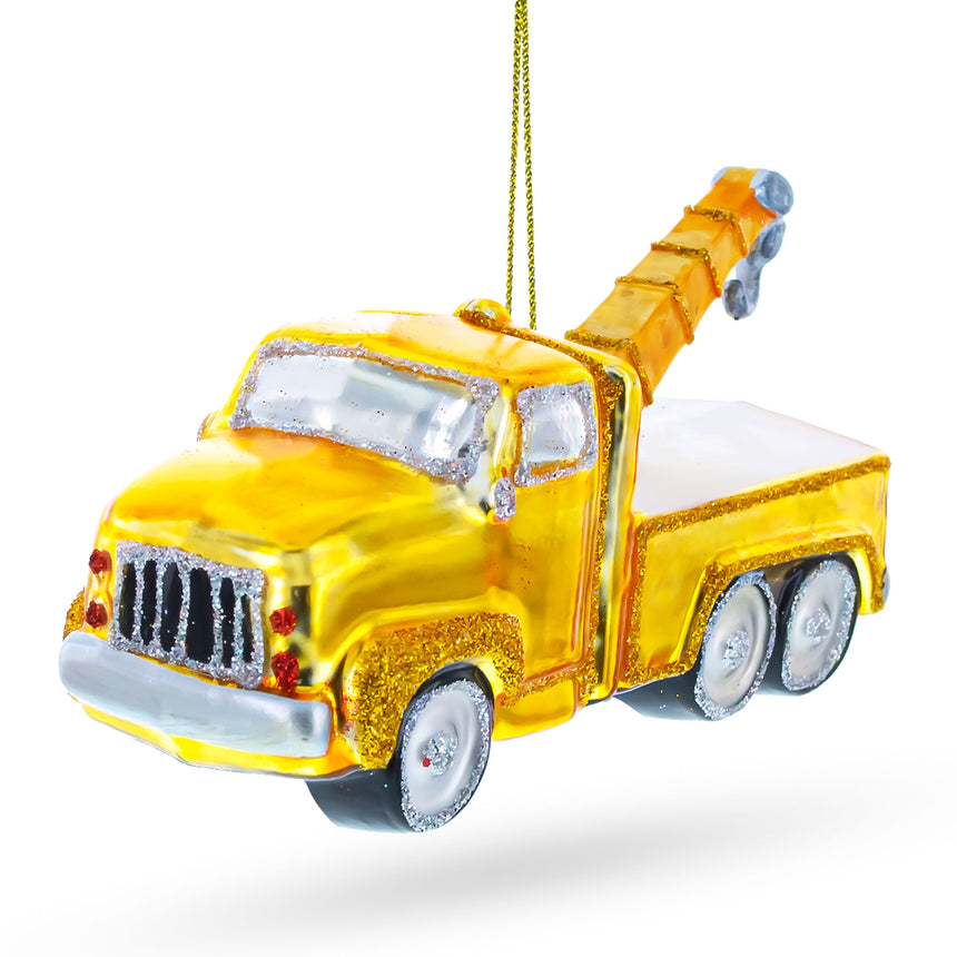 Glass Rescue Tow Truck Blown Glass Christmas Ornament in Yellow color