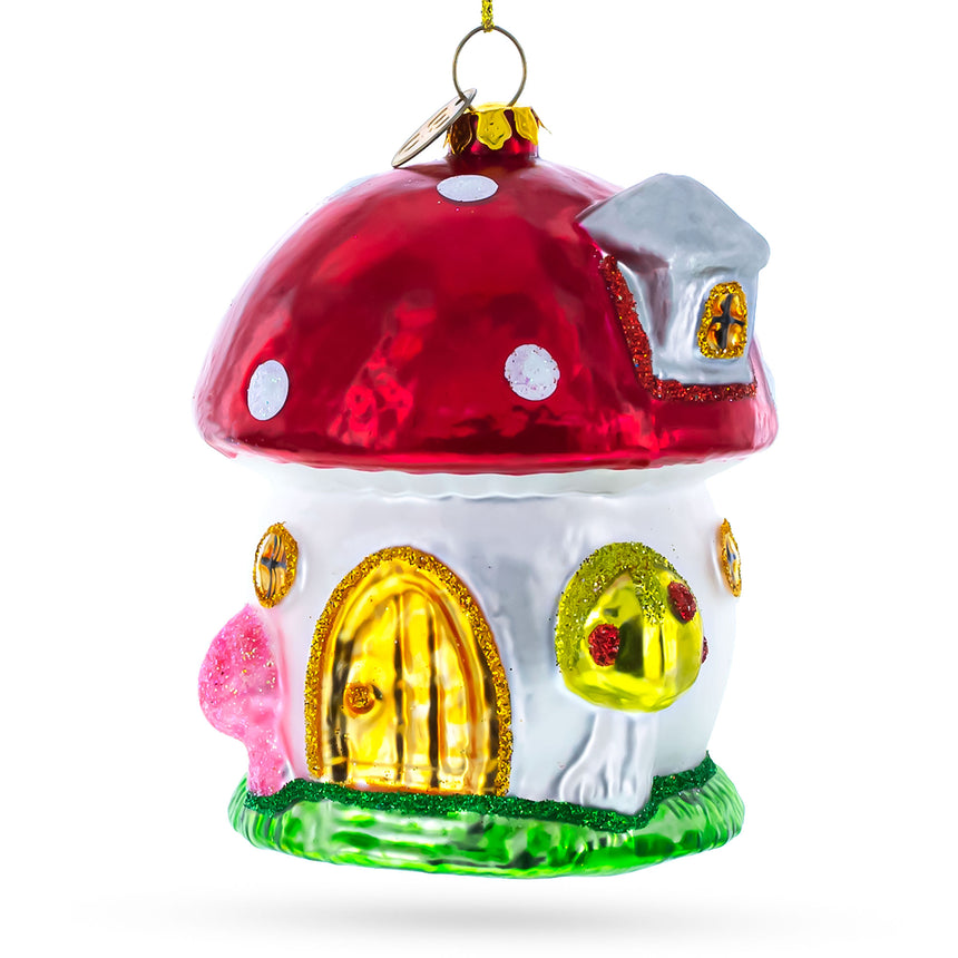 Glass Whimsical Fairy Tale Mushroom House Glass Christmas Ornament in Multi color