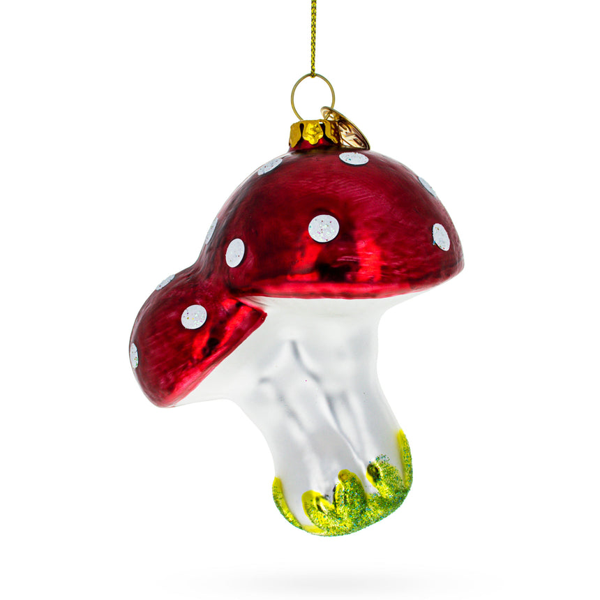 Glass Charming Red Mushrooms Blown Glass Christmas Ornament in Red color