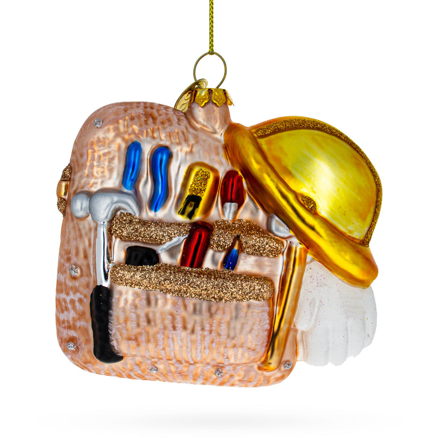 Glass Construction Worker Toolbox Blown Glass Christmas Ornament in Multi color