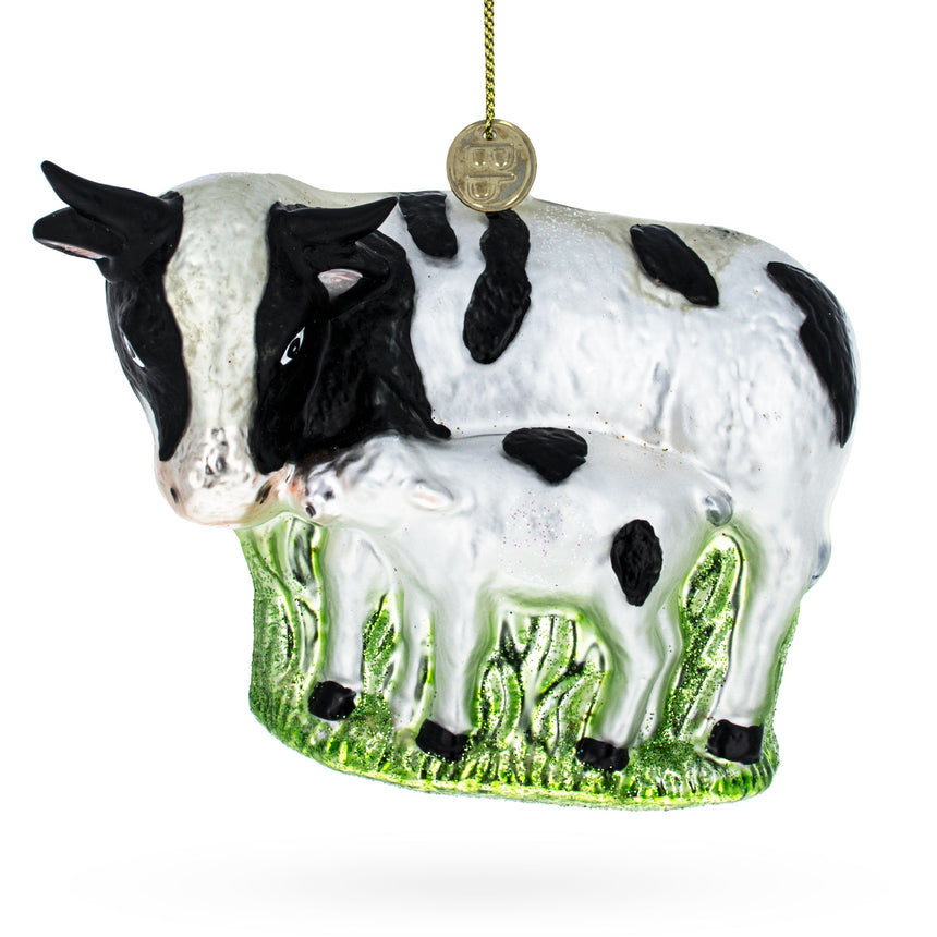 Glass Nurturing Cow with Calf Blown Glass Christmas Ornament in Multi color