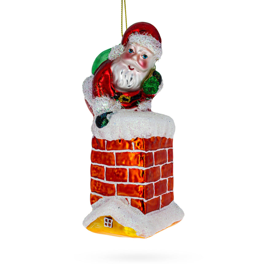 Glass Santa Climbing Chimney Blown Glass Christmas Ornament in Red color