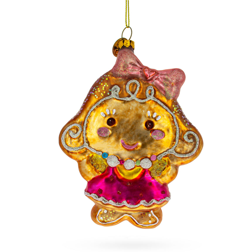 Glass Delightful Gingerbread Girl Blown Glass Christmas Ornament in Brown color