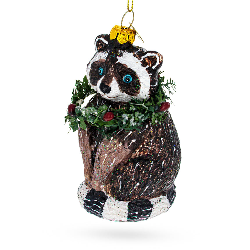 Glass Cheerful Racoon with Wreath Blown Glass Christmas Ornament in Black color