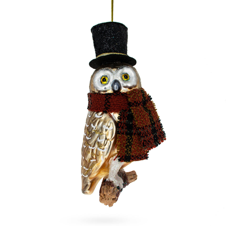 Glass Stylish Owl in Black Hat and Scarf Glass Christmas Ornament in Brown color