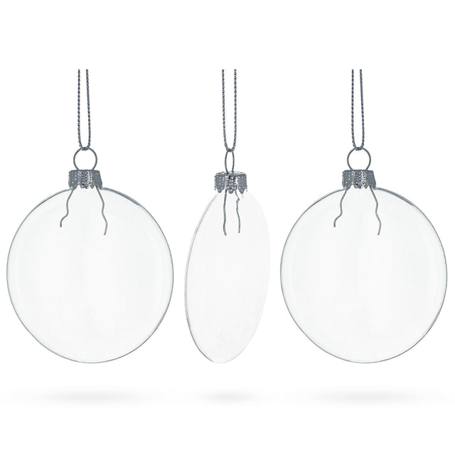 Glass Set of 3 Flat Disc Clear Blown Glass Christmas Ornaments 3.7 Inches (94 mm) in Clear color Disc