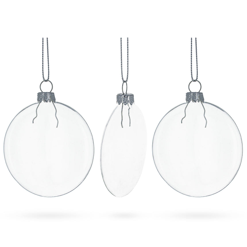 Glass Set of 3 Flat Disc Clear Blown Glass Christmas Ornaments 3.7 Inches (94 mm) in Clear color Disc