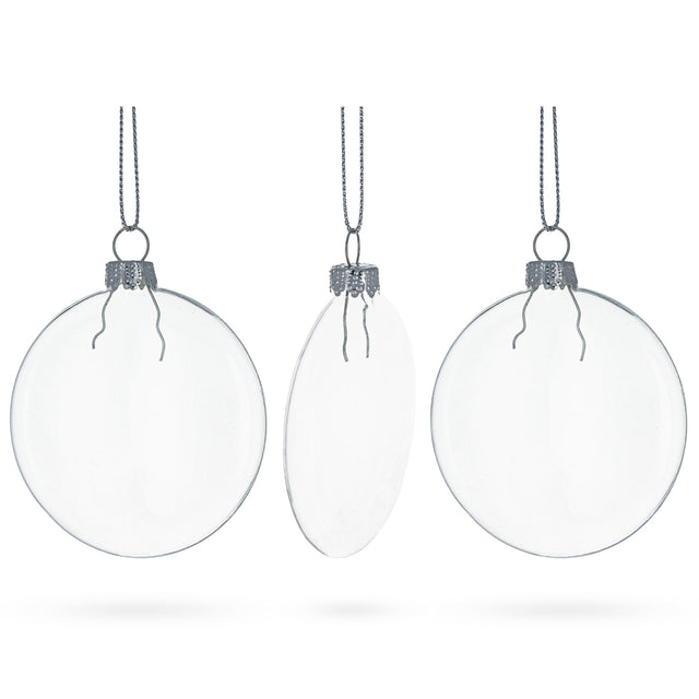 Glass Set of 3 Flat Disc Clear - Blown Glass Christmas Ornaments 3.7 Inches (94 mm) in Clear color Disc