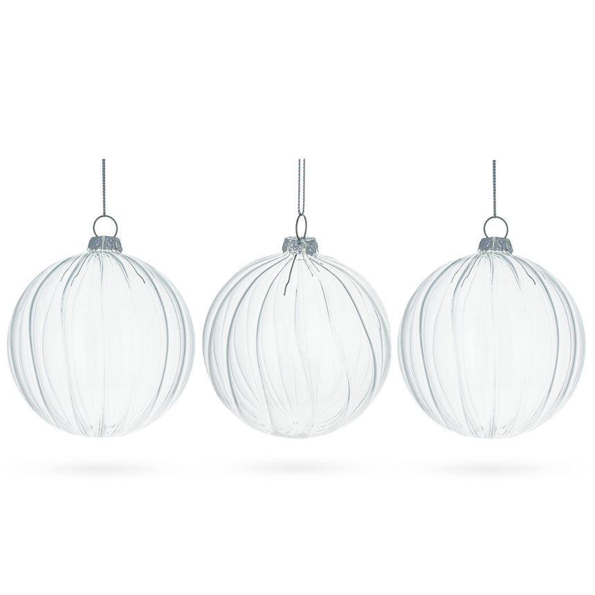 Glass Elegant Set of 3 Striped Clear Blown Glass Ball Christmas Ornaments 3.5 Inches in Clear color Round