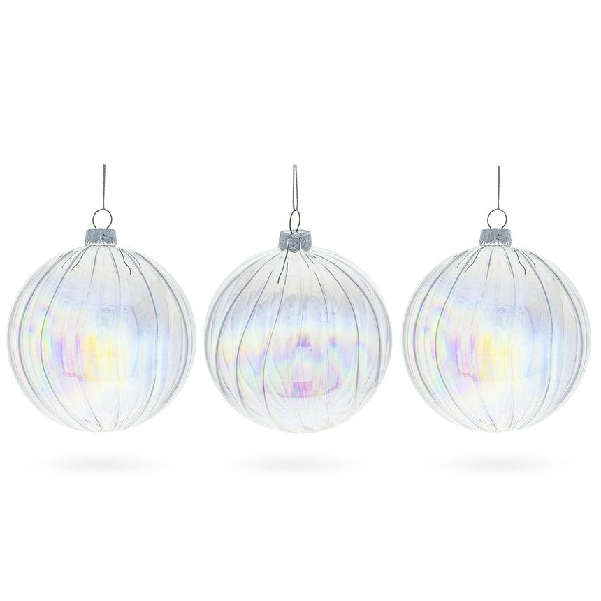 Glass Set of 3 Iridescent Clear Blown Glass Ball Christmas Ornaments 3.6 Inches in Clear color Round