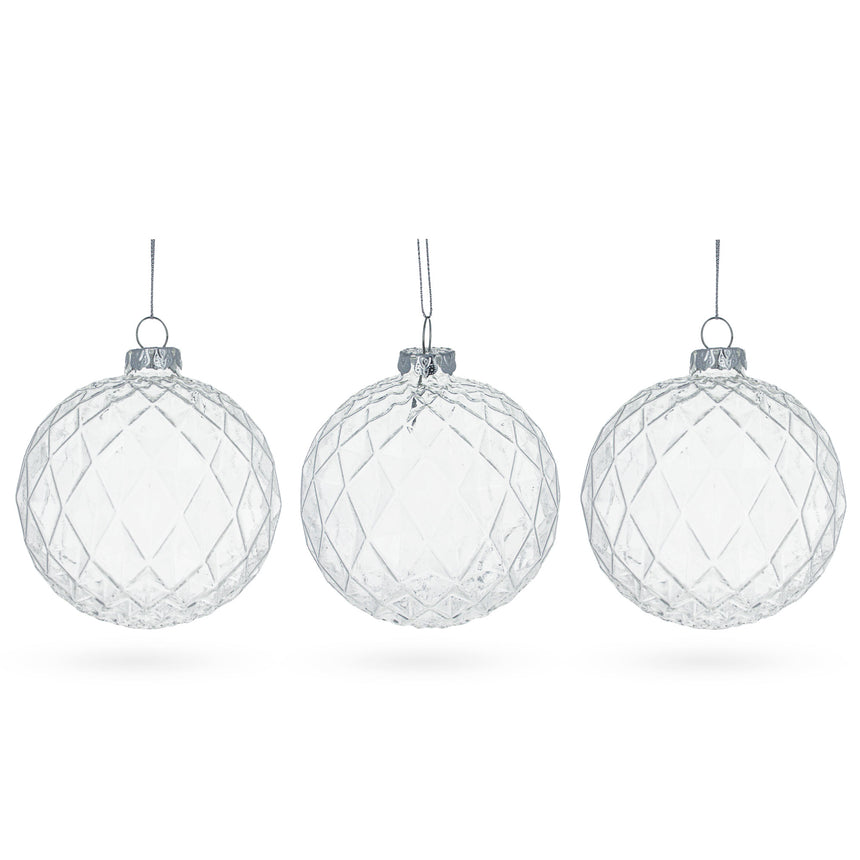 Glass Trio of Ribbed Clear Blown Glass Ball Christmas Ornaments 3.5 Inches in Clear color Round