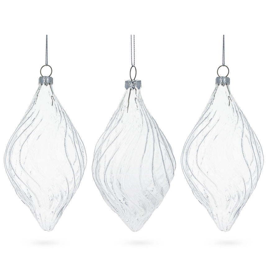 Glass Set of 3 Clear Glass Swirl Christmas Ornaments 5.8 Inches in Clear color Rhombus