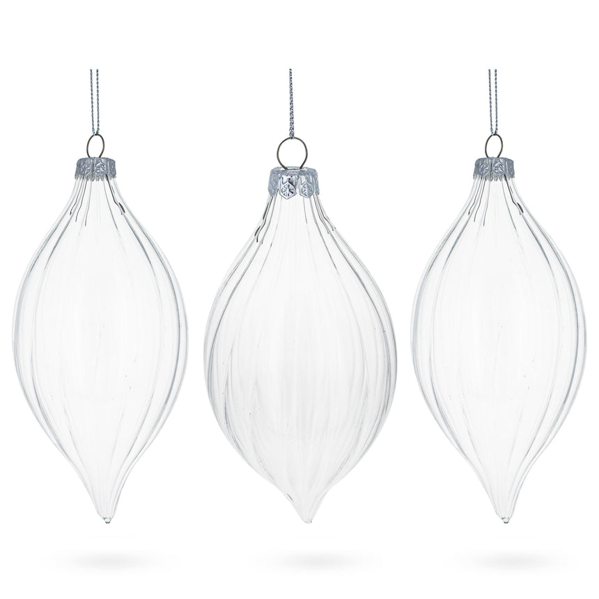 Glass Set of 3 Striped Rhombus Finial Clear Blown Glass Ornament 5.8 Inches in Clear color Rhombus