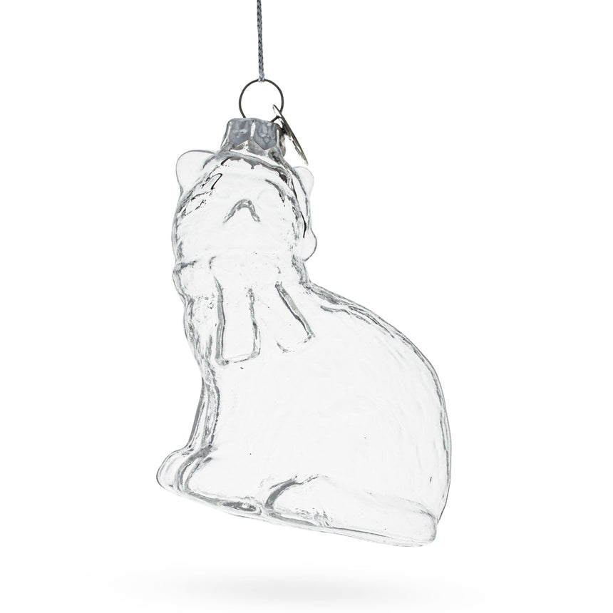 Glass Cat in Hat Clear Blown Glass Christmas Ornament in Clear color