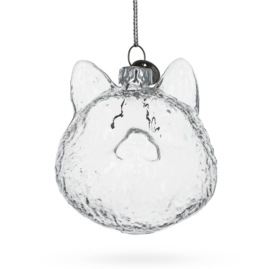 Glass Feline Majesty: Cat Head Clear Blown Glass Christmas Ornament in Clear color