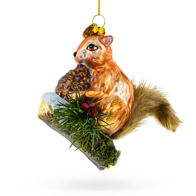 Glass Squirrel on a Branch Blown Glass Christmas Ornament in Brown color