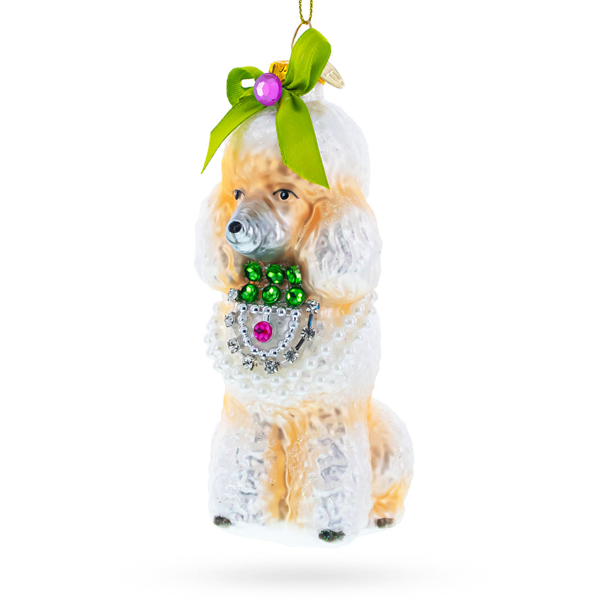 Glass Elegant Poodle with Green Bow Blown Glass Christmas Ornament in Multi color