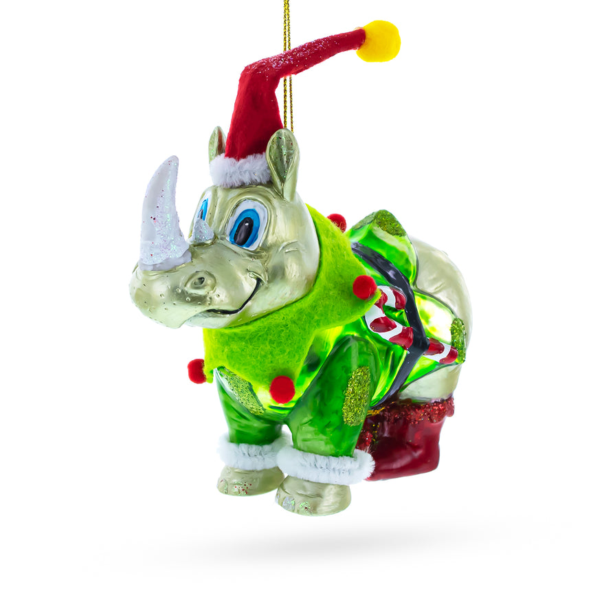 Glass Festive Rhino in Santa Hat Blown Glass Christmas Ornament in Multi color