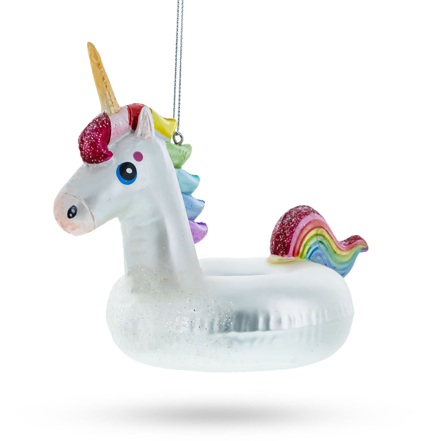 Glass Whimsical Unicorn Floatie Blown Glass Christmas Ornament in White color