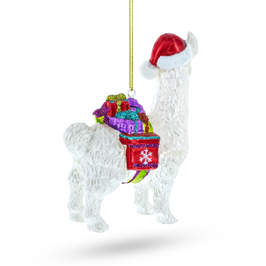 Festive Lama with Presents Blown Glass Christmas Ornament ,dimensions in inches: 4.6 x 3.4 x 1.7