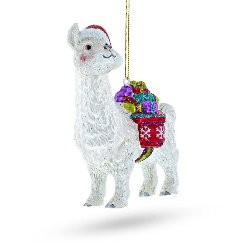 Glass Festive Lama with Presents Blown Glass Christmas Ornament in Ivory color