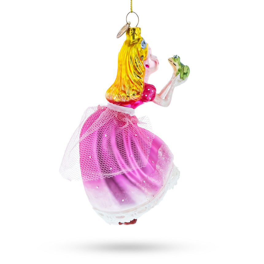 Princess Kissing Frog Prince Blown Glass Christmas Ornament ,dimensions in inches: 6 x 2.7 x 2.3