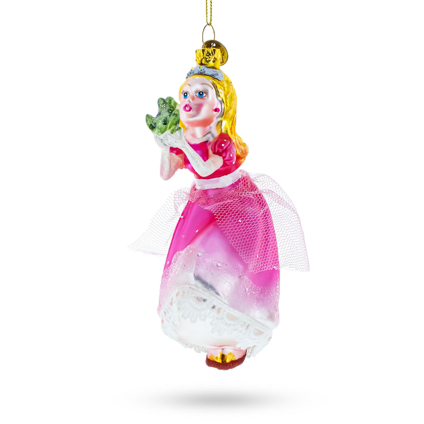 Glass Princess Kissing Frog Prince Blown Glass Christmas Ornament in Pink color