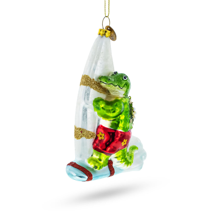 Glass Whimsical Alligator Windsurfer Glass Christmas Ornament in Multi color