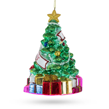 Festively Decorated Christmas Tree Glass Christmas Ornament ,dimensions in inches: 6.8 x 4.5 x 4.5