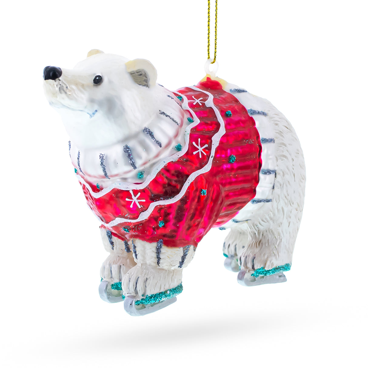 Glass Polar Bear Wearing a Festive Sweater Blown Glass Christmas Ornament in Multi color