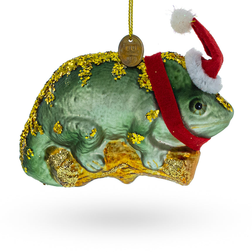 Glass Chameleon in Santa Hat Blown Glass Christmas Ornament in Green color