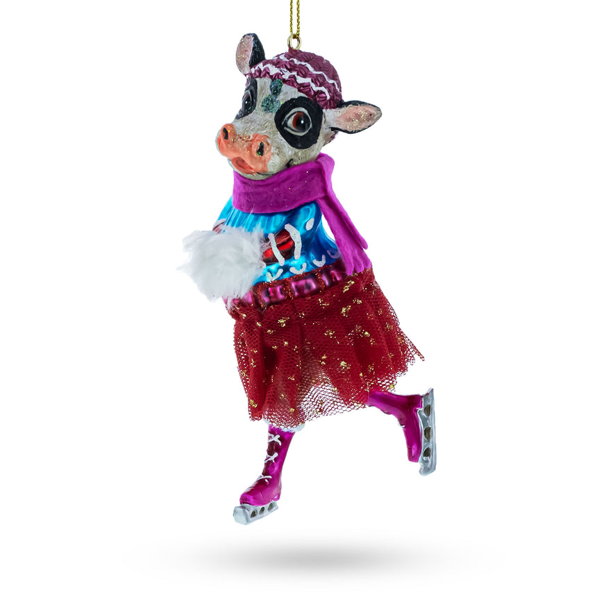 Glass Graceful Cow Ice Skating in Winter Wonderland Blown Glass Christmas Ornament in Multi color