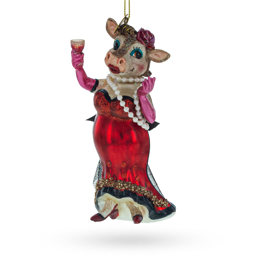 Glass Elegant Cow Sipping Red Wine Blown Glass Christmas Ornament in Multi color