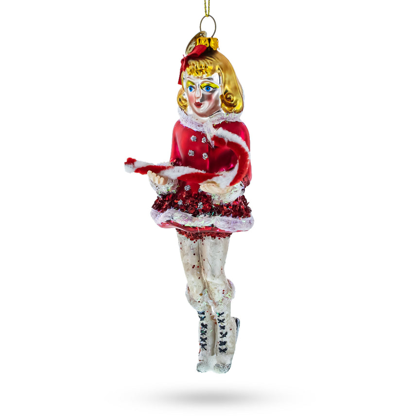 Glass Twirling Ice Skater: Girl with Candy Cane Blown Glass Christmas Ornament in Multi color