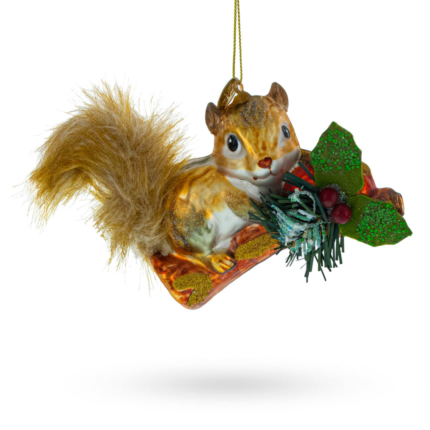 Glass Cheerful Squirrel on a Blossoming Branch Blown Glass Christmas Ornament in Multi color