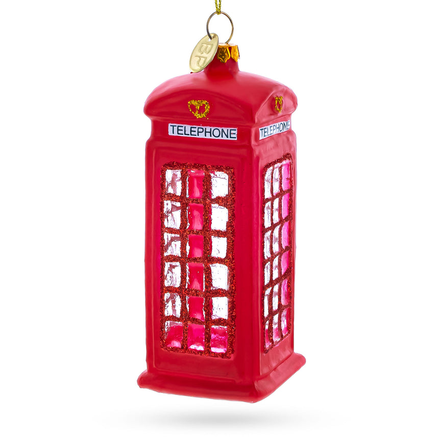 Glass Red Telephone Booth in London, United Kingdom Blown Glass Christmas Ornament in Red color