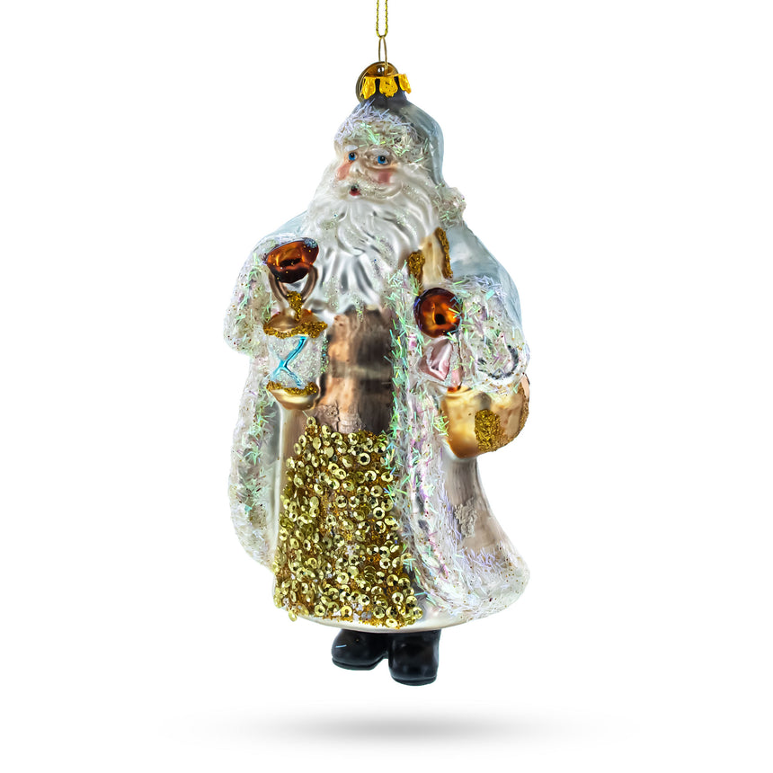 Glass Glittered Santa Holding a Magical Lantern Blown Glass Christmas Ornament in Multi color