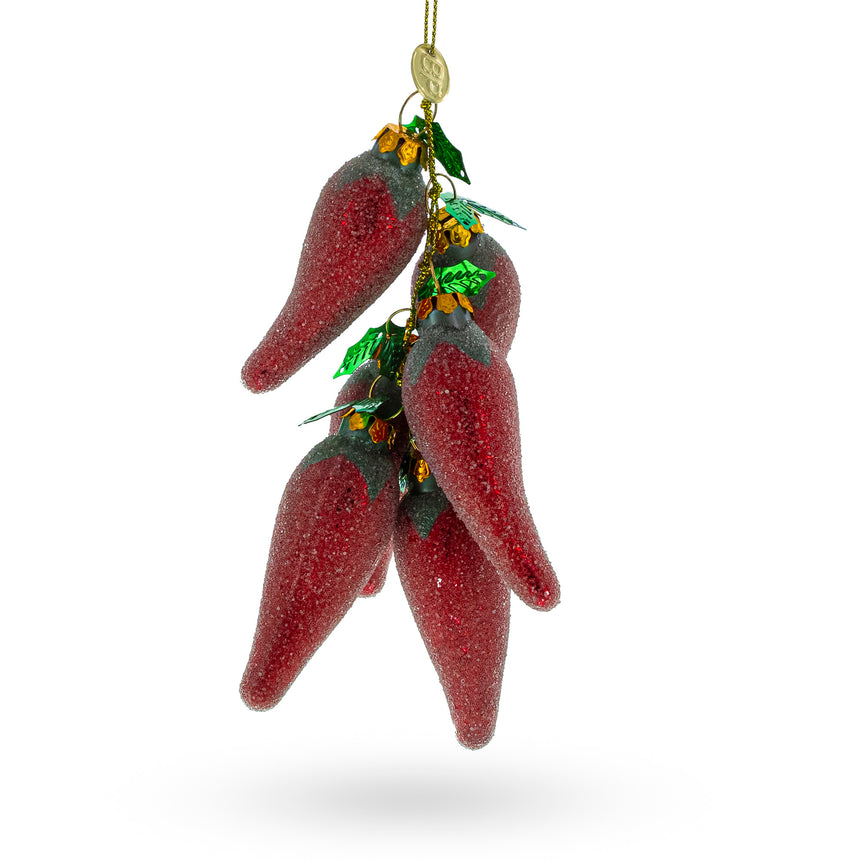 Glass Spicy Chili Peppers Blown Glass Christmas Ornament in Red color