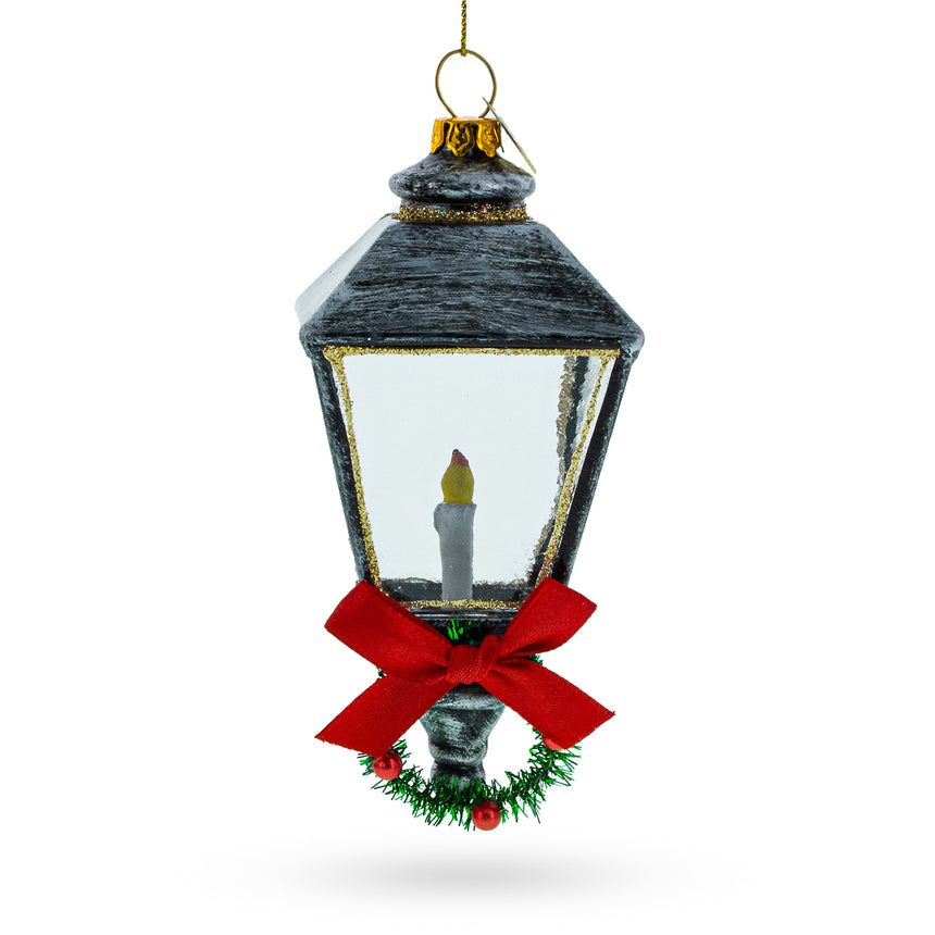 Glass Festive Lantern with Red Bow Blown Glass Christmas Ornament in Multi color