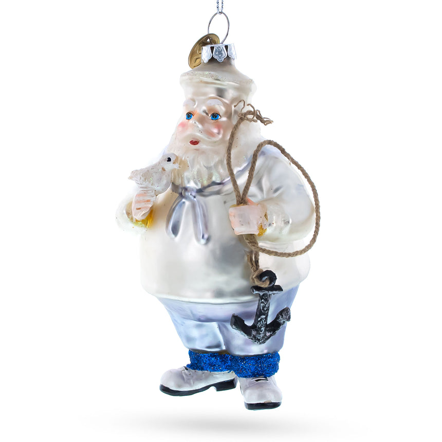 Glass Seafaring Santa with Anchor Blown Glass Christmas Ornament in White color