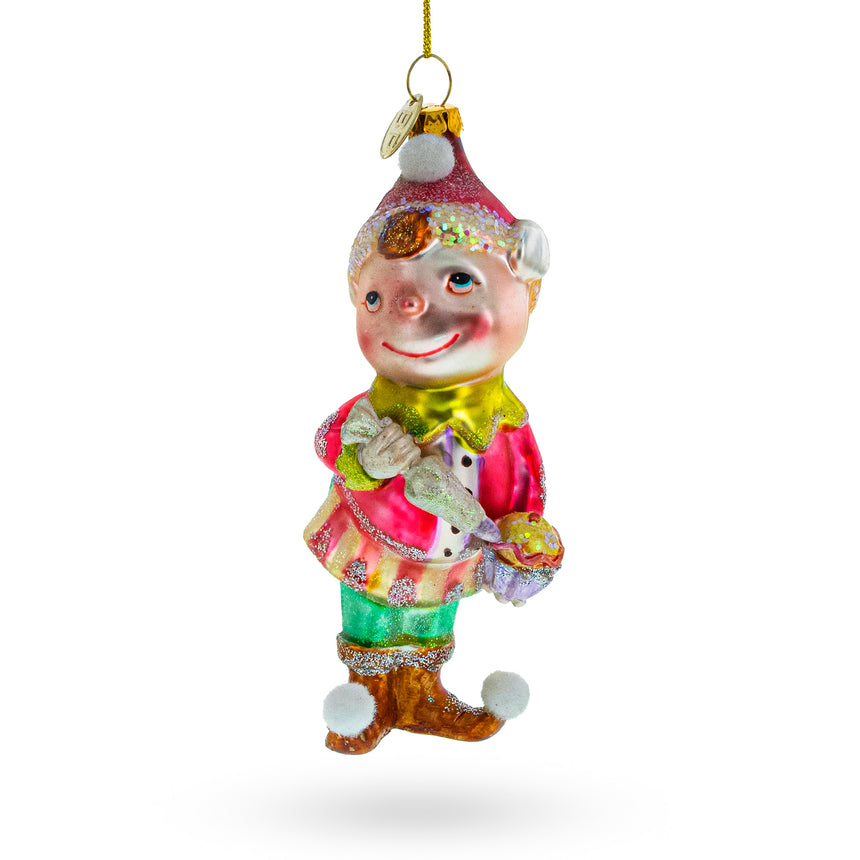 Glass Whimsical Elf Decorating Cupcake Glass Christmas Ornament in Multi color