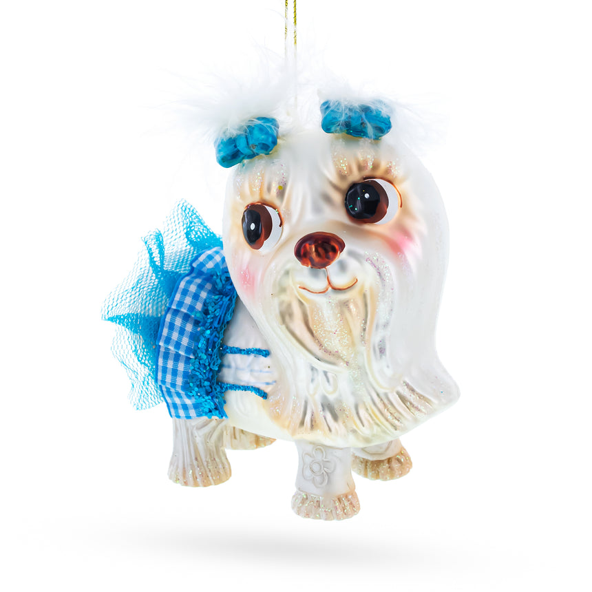 Glass Charming Yorkshire Terrier in Blue Outfit Blown Glass Christmas Ornament in Multi color