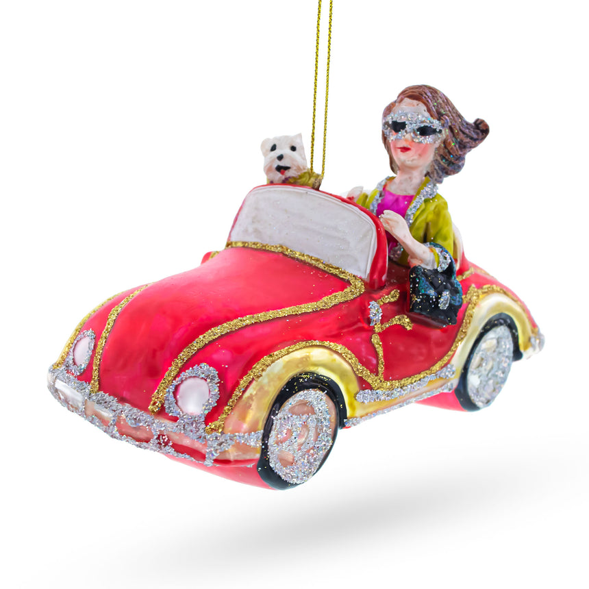 Glass Stylish Woman Driving Pink Cabriolet Blown Glass Christmas Ornament in Multi color